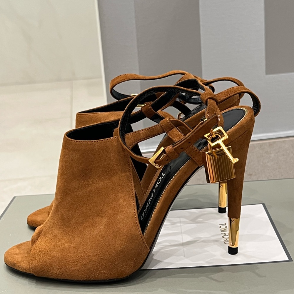 Tom Ford Open Toe Ankle-Wrap Suede Booties w/ Lock